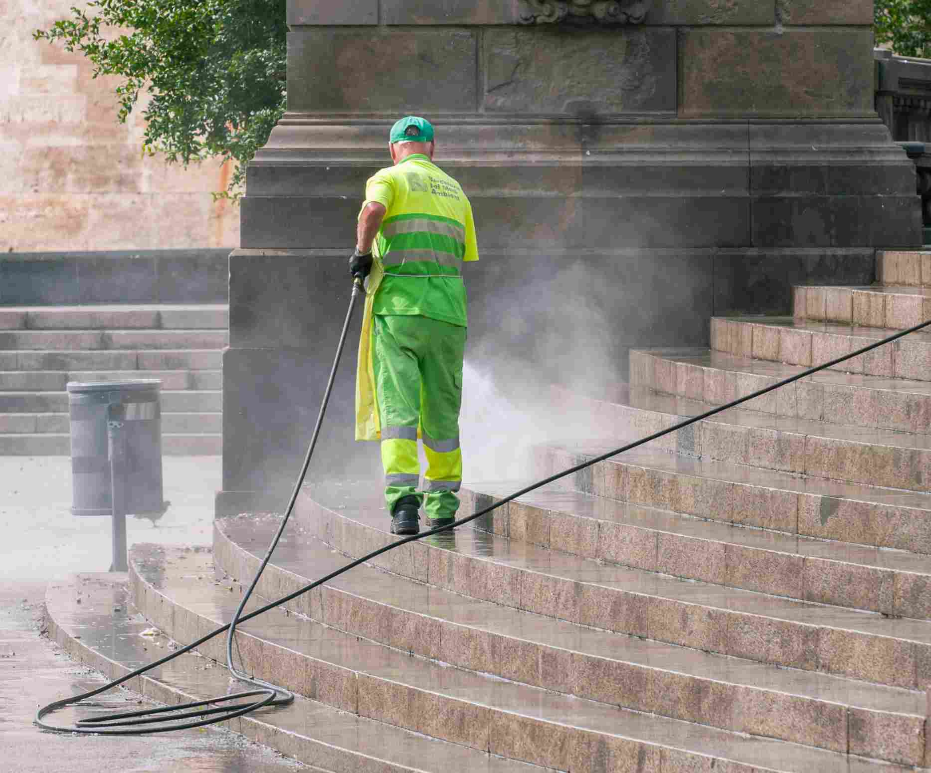 Professional pressure washing services are often hired to clean public spaces