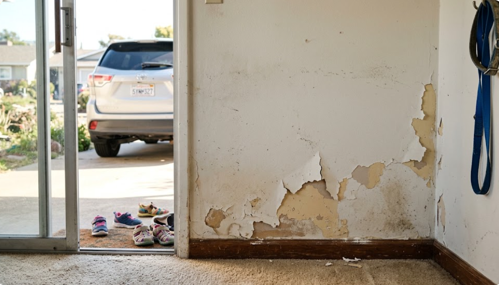 Before photo showing heavy chipping paint on interior wall near sliding door with kids shoes on the floor