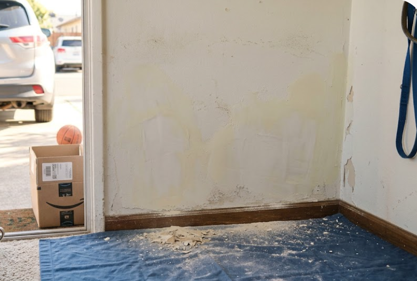 Wall after scraping patching and priming with drop cloth tools and boxes visible
