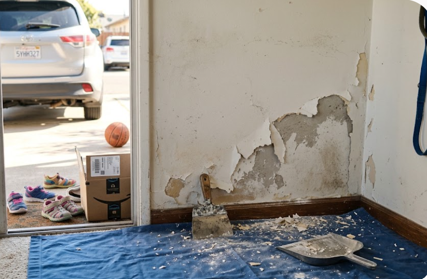 Hand scraping loose chipped paint with putty knife while debris falls onto blue drop cloth