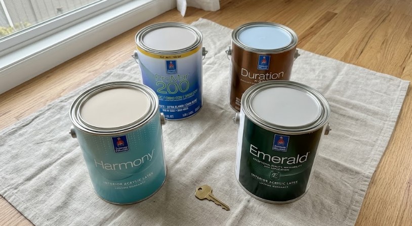 Sherwin-Williams Harmony, ProMar 200, Duration and Emerald paint cans