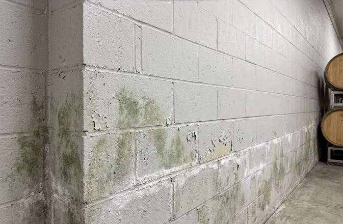 Painted concrete block wall in a barrel room with green mold, peeling paint and white efflorescence along the lower courses