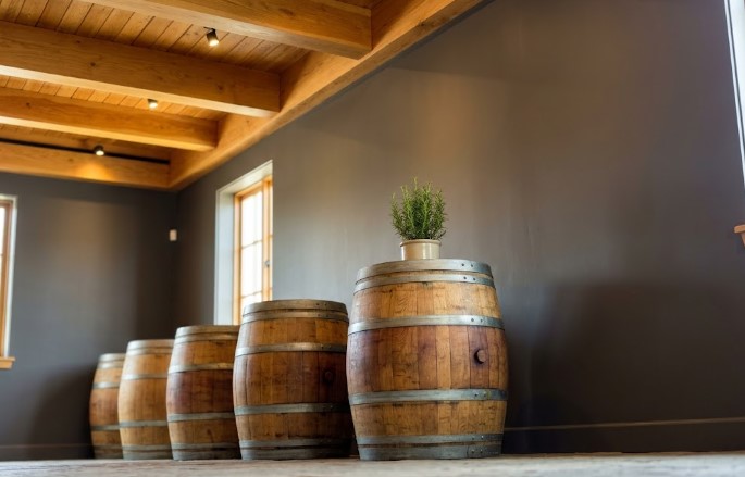 ow of oak wine barrels against a charcoal-painted wall under exposed oak ceiling beams