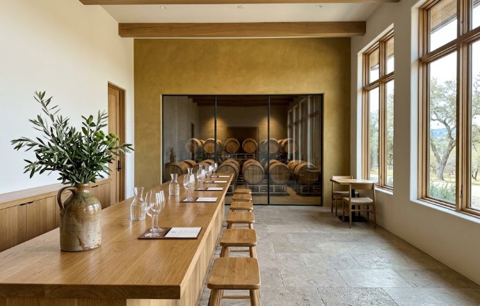 The same tasting room in daylight, with warm white walls, an ochre wall framing a glass view into the barrel room, an oak bar with wine glasses and olive branches in a jug