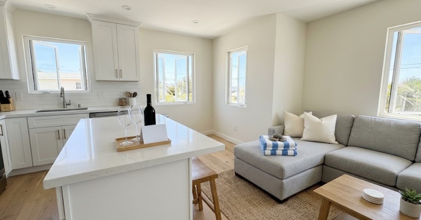 Freshly painted vacation rental living room staged for guests